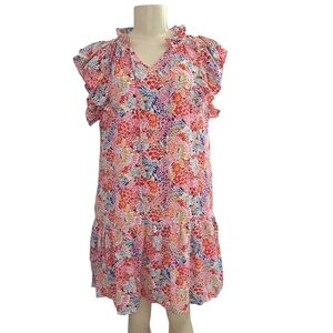 Double Take Floral Ruffle Sleeve Shift Dress Size L Pink Boho